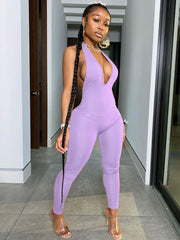 One Piece Solid Color Halter V Neck Backless Jumpsuit