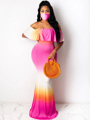 Off Shoulder Gradient Color Ruffle Floral Print Maxi Dress