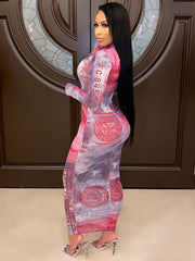 Sheer Mesh See Through Dollar Print Maxi Dress