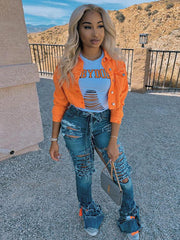 Long Sleeve Button Down Ripped Denim Jacket