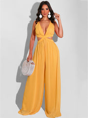 Spaghetti Strap Chiffon Backless Wide Leg Jumpsuit