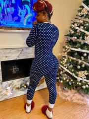 Christmas Dot Print V Neck Long Sleeve Button Jumpsuit