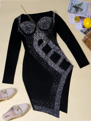 Long Sleeve Sequins Hollow Out Mini Dress