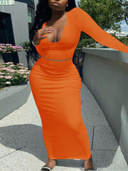 Two Piece Long Sleeve Rib Crop Top Bodycon Maxi Skirt