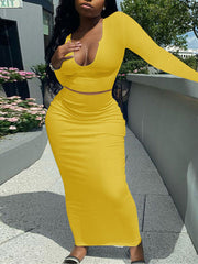 Two Piece Long Sleeve Rib Crop Top Bodycon Maxi Skirt