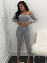 Two Piece Off Shoulder Crop Top Skinny Pants Set