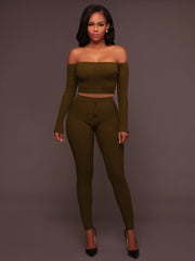 Two Piece Off Shoulder Crop Top Skinny Pants Set