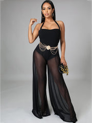 Halter Neck Strap Sheer Mesh Wide Leg Jumpsuit