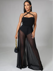 Halter Neck Strap Sheer Mesh Wide Leg Jumpsuit