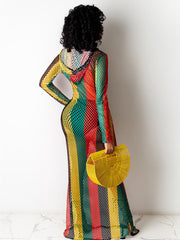 One Piece Multicolor Stripe Fishnet Cover Up Maxi Dress
