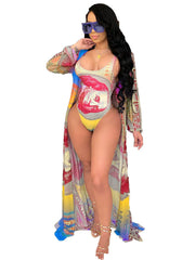 2 Piece Money Print Jumpsuit Bikini Cover Up