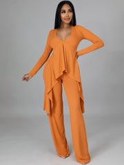 Two Pieces Irregular Lace Up V Neck Top Long Pants