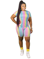 Plus Size 2 Piece Tie Dyed Top Bodycon shorts Set