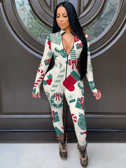 Christmas Print Zip-up Long Sleeve Jumpsuit