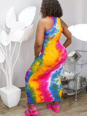 Plus Size Tie Dye Print Bodycon Maxi Dress