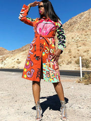 Long Sleeve  Graffiti Button Down Long Coat