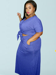 Plus Size 2 Piece Button Twist Knot Top Pocket Skirt Set