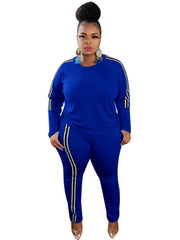 Plus Size Two Piece Stripe Long Sleeve Top Pants Set