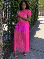 Solid Color Mesh Ruched Maxi Dress Cover Up