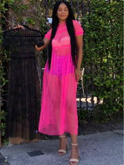 Solid Color Mesh Ruched Maxi Dress Cover Up