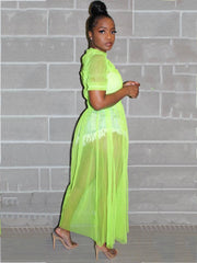 Solid Color Mesh Ruched Maxi Dress Cover Up