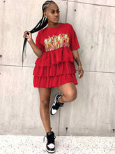 Letter Print Patchwork Tiered Layer Mesh T-shirt Dress