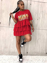 Letter Print Patchwork Tiered Layer Mesh T-shirt Dress
