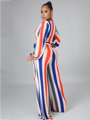 Long Sleeve Multicolor Stripe Wide Leg Jumpsuit with Belt
