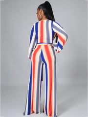 Long Sleeve Multicolor Stripe Wide Leg Jumpsuit with Belt