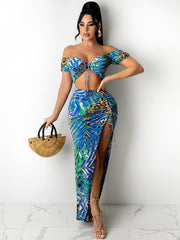 2 Piece Floral Off Shoulder Crop Top Skirt Set