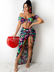 2 Piece Floral Off Shoulder Crop Top Skirt Set