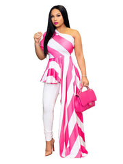 Striped One Shoulder High Low Irregular Blouse Top Dress