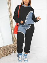 Denim Patchwork Hoodies Pant Set