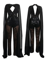 Glitter Deep V Neck Cape sleeve Wide Leg Pant Jumpsuit