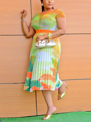 Short Sleeve Floral Print Pleated Skrit Suit