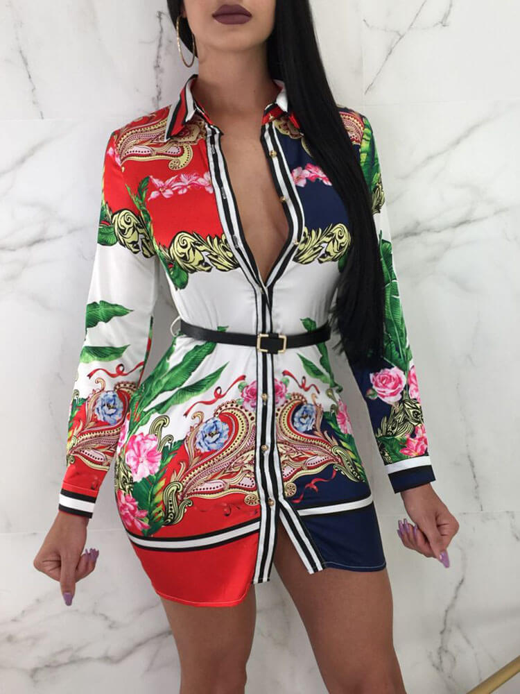 Floral Print Shirt Mini Dress Clubwear