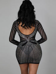 Long Sleeves Cut Out Rhinestone Mesh Mini Dress
