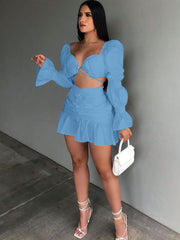 Two Piece Long Puffy Sleeve Top Mni Skirt