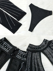 Long Sleeves Cut Out Rhinestone Mesh Mini Dress