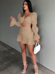Two Piece Long Puffy Sleeve Top Mni Skirt