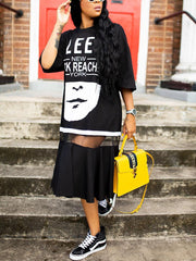 Letter Print Mesh Patchwork Layered T-shirt Dress