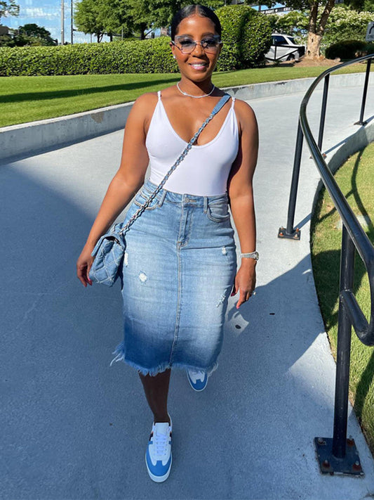 Denim Ripped Back Split Midi Skirts 750