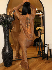Long Sleeve Shimmer Glitter Backless Maxi Dress