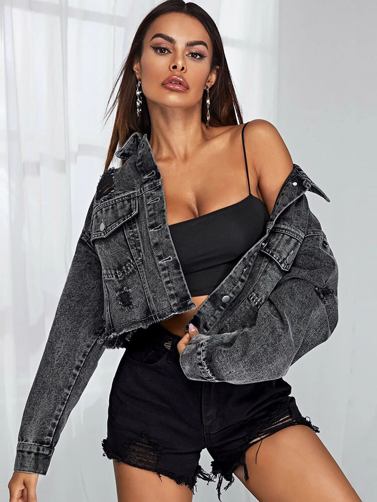Denim Long Sleeve Ripped Hem Short Jacket