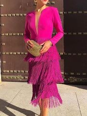 Tassels Long Sleeve Mesh Patchwork Midi Dress