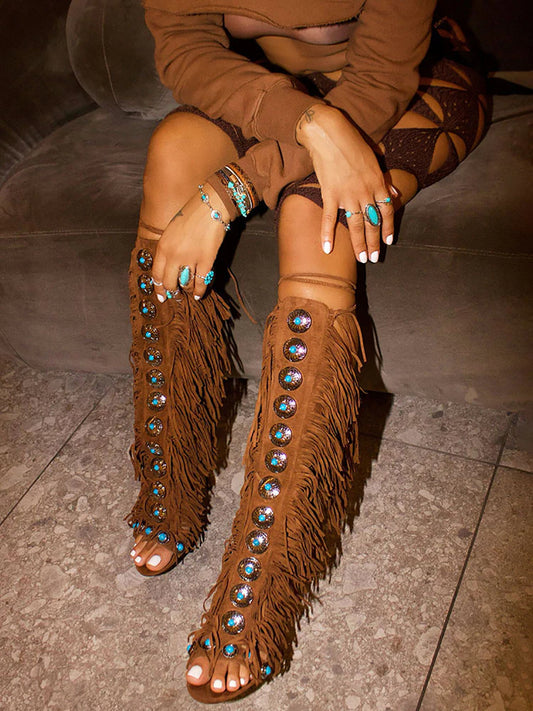 Boho Gemstone Lace-Up Fringe Heeled Sandals 900