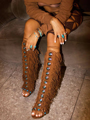 Boho Gemstone Lace-Up Fringe Heeled Sandals