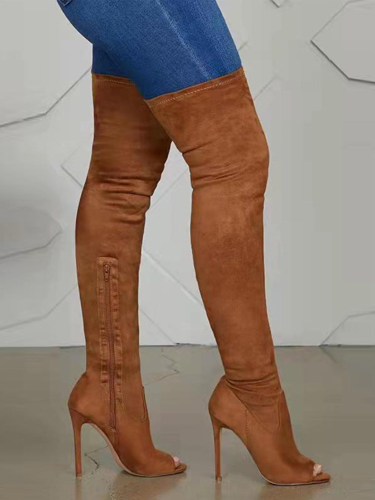 Open-Toe Side Zipper Suede Knee-High Boots