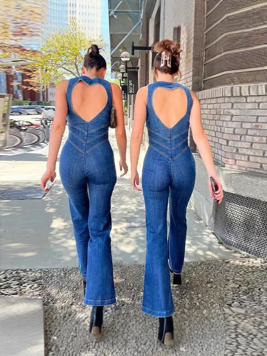 Sleeveless Zip Heart Cutout Denim Jumpsuit