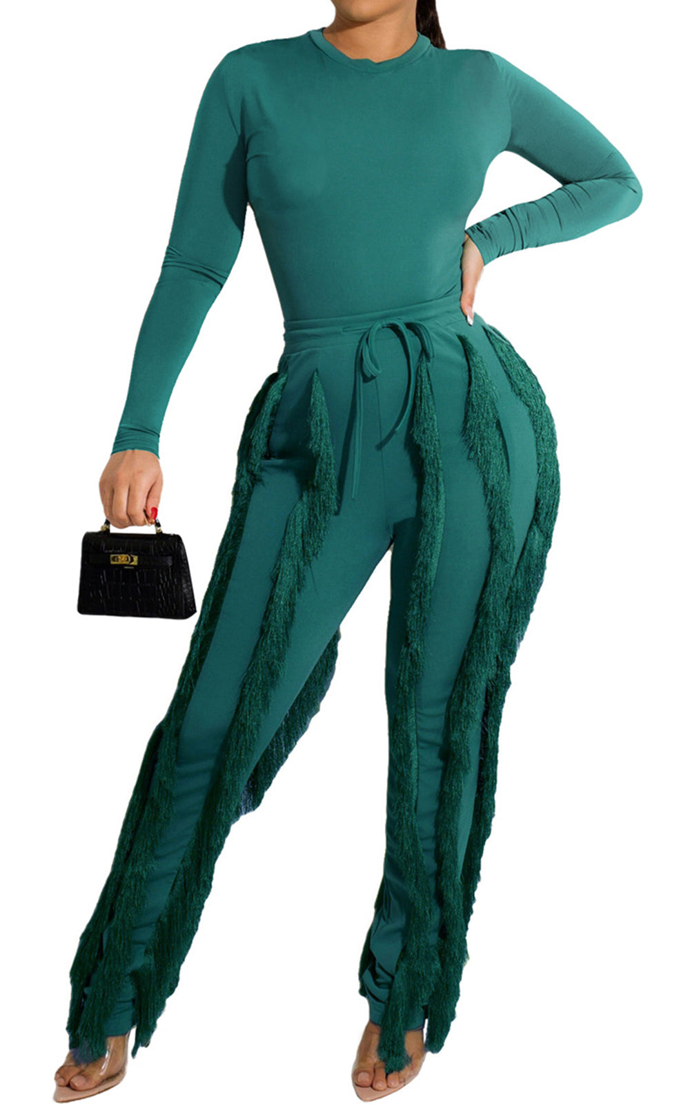 Two Piece Long Sleeve Top Tassel Pants